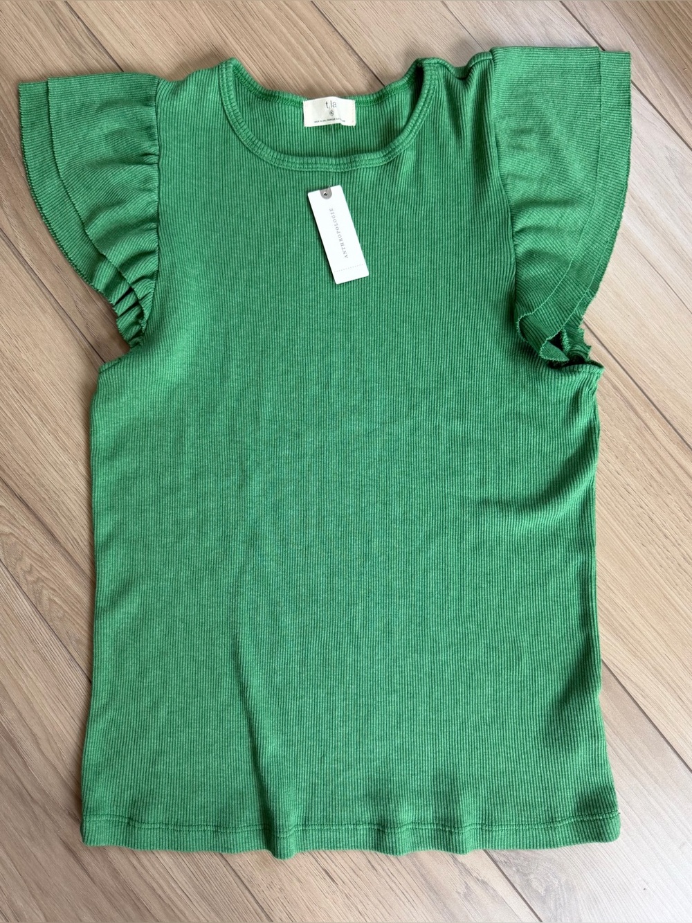 T.La Anthropology Green Ruffle Flitter Sleeve Ribbed Knit Top XL NWT